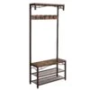 70 Inch Industrial Metal Framed Coat Rack, Wood Bench, Two Mesh Shelves, Rustic Brown, Black-Benzara -Home Furniture Shop a144c532bd1a42d0b8352a5e35f9d113