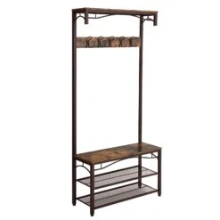 70 Inch Industrial Metal Framed Coat Rack, Wood Bench, Two Mesh Shelves, Rustic Brown, Black-Benzara
