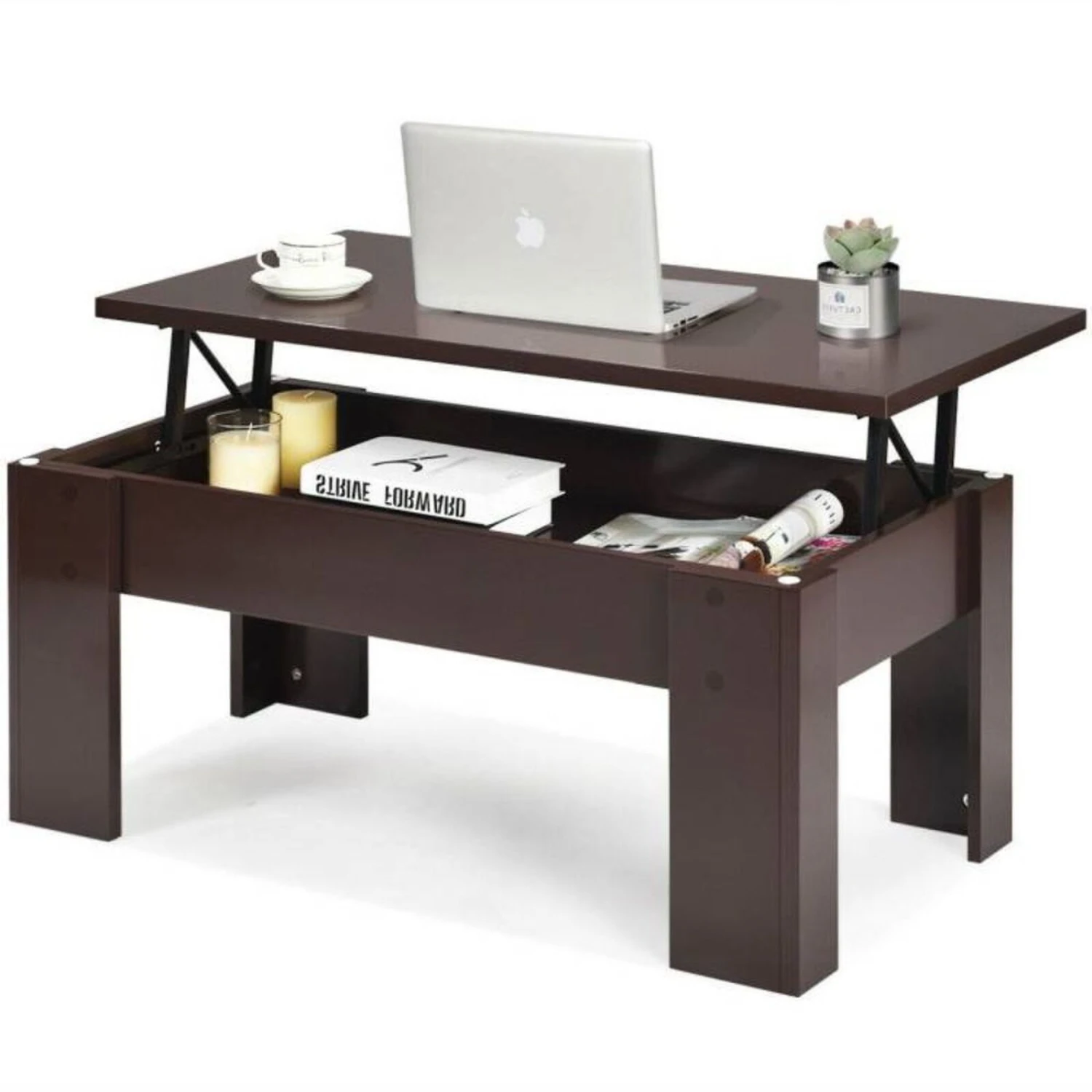QuikFurn Farmhouse Lift-Top Coffee Table Laptop Desk In Espresso Brown Wood Finish 5 QuikFurn Farmhouse Lift-Top Coffee Table Laptop Desk In Espresso Brown Wood Finish - Image 3