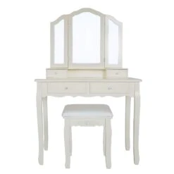 35 Inch 3 Piece Vanity Desk Set With Cushioned Stool And Elegant Trifold Mirror, 4 Drawers, Off White Solid Wood-Benzara