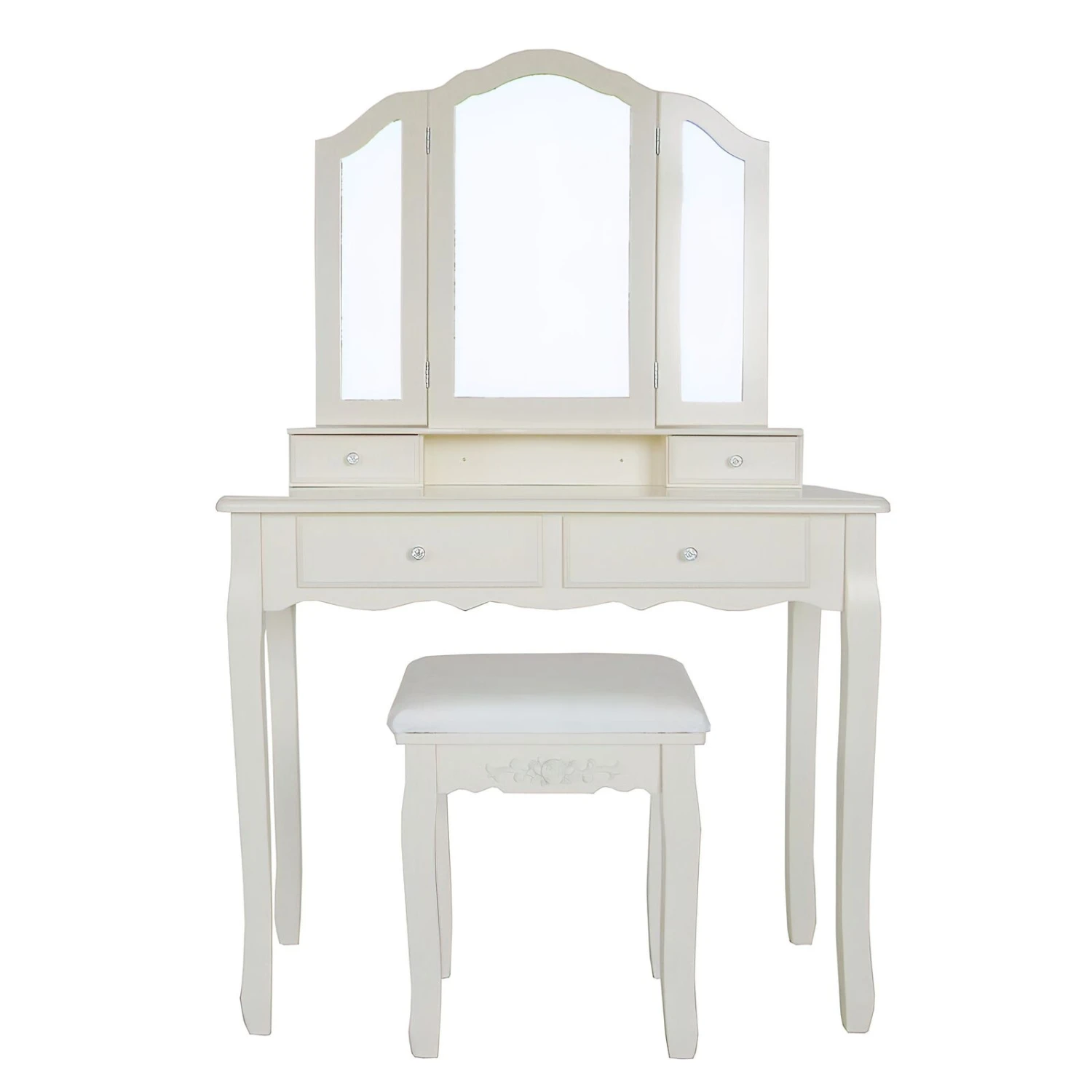 35 Inch 3 Piece Vanity Desk Set With Cushioned Stool And Elegant Trifold Mirror, 4 Drawers, Off White Solid Wood-Benzara 3 35 Inch 3 Piece Vanity Desk Set With Cushioned Stool And Elegant Trifold Mirror, 4 Drawers, Off White Solid Wood-Benzara