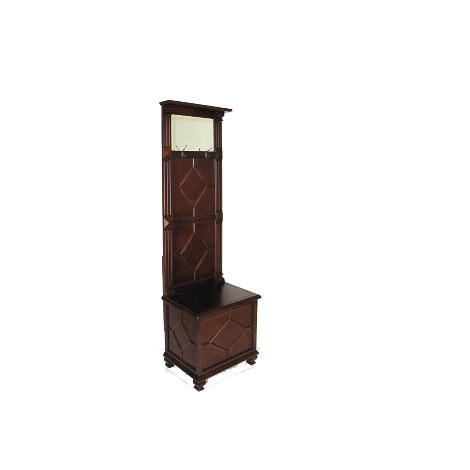 Molded Wooden Frame Hall Tree With Lift Top Box And Mirror Insert, Brown-Benzara 3 Molded Wooden Frame Hall Tree With Lift Top Box And Mirror Insert, Brown-Benzara