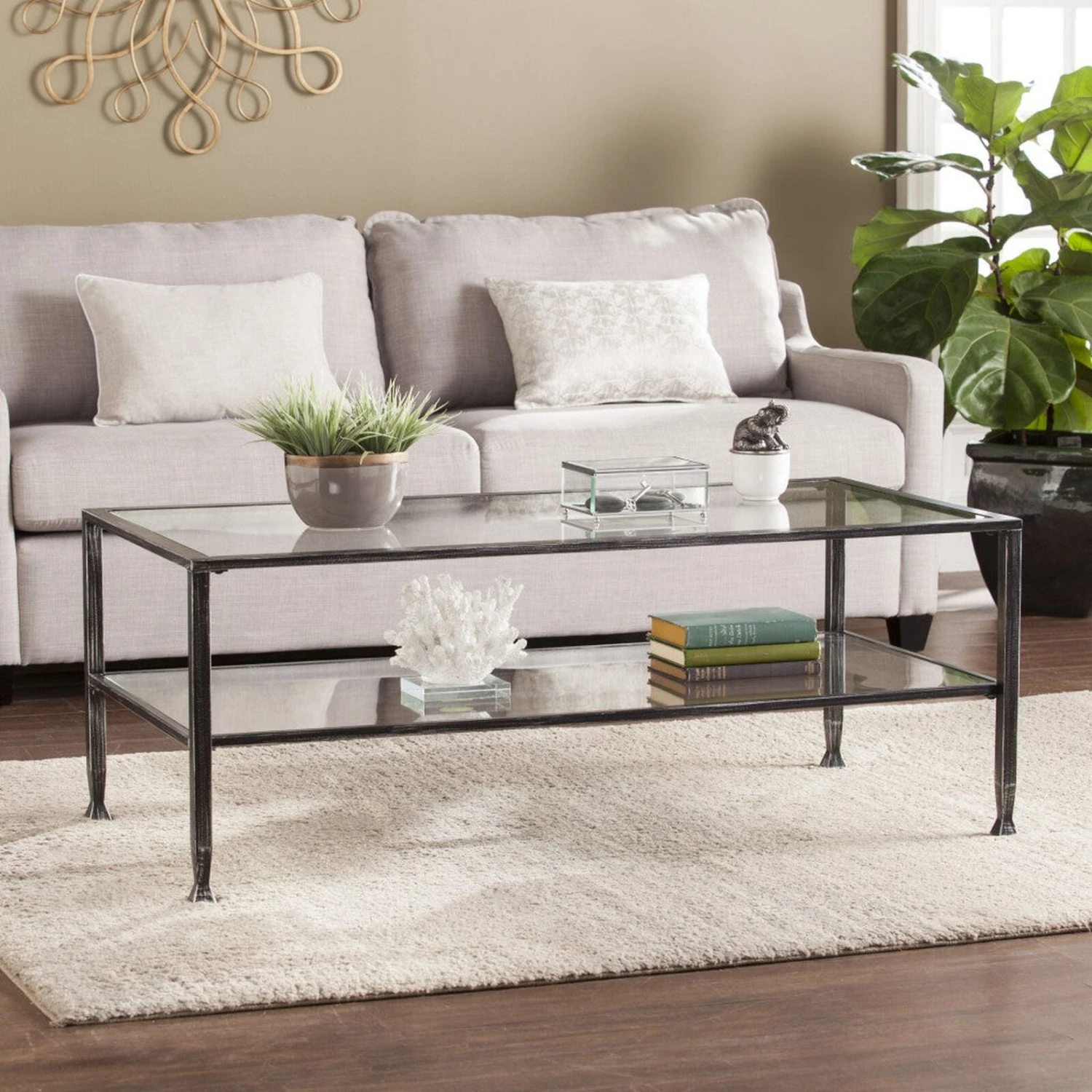 Homezia 48" Black Glass And Metal Rectangular Coffee Table 4 Homezia 48" Black Glass And Metal Rectangular Coffee Table - Image 2