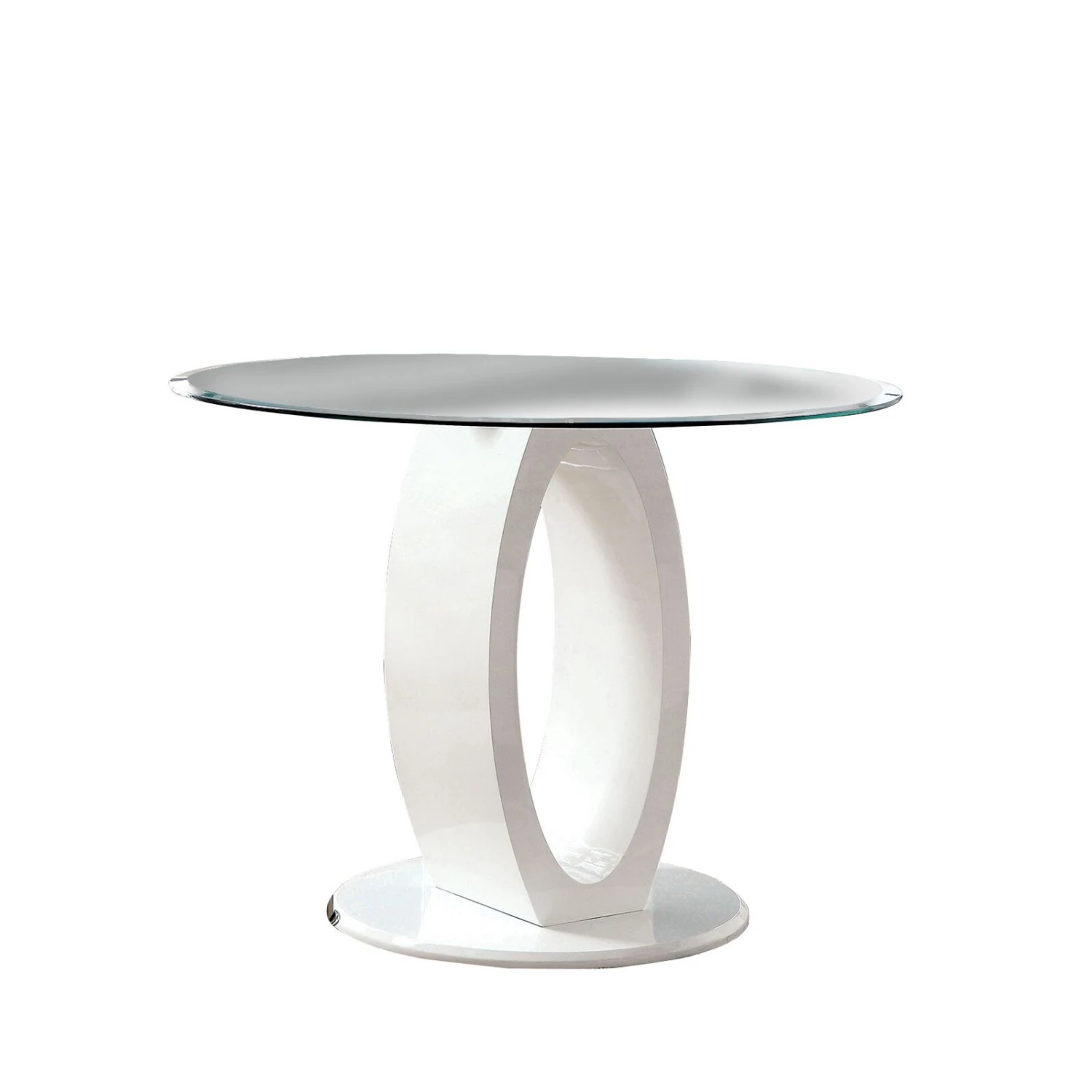 Round Glass Top Counter Height Table With Oval Shaped Base, White-Benzara 3 Round Glass Top Counter Height Table With Oval Shaped Base, White-Benzara