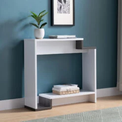 White & Distressed Grey Console Table With Large Center Display Space