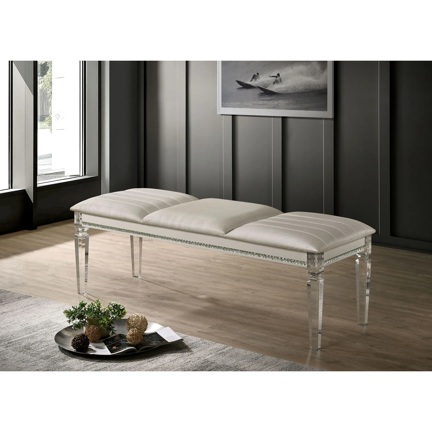 Leatherette And Wood Bench In Pearl White Finish 4 Leatherette And Wood Bench In Pearl White Finish - Image 2