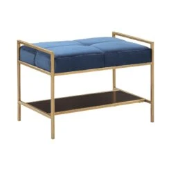 Metal Bench With Fabric Upholstered Plump Seats, Gold And Blue- Benzara