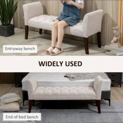 End Of Bed Bench With Button Tufted Design, Upholstered Bench With Arms And Solid Wood Legs For Bedroom, Beige -Home Furniture Shop a692e5efb6d449b5b66fb96a3485699d