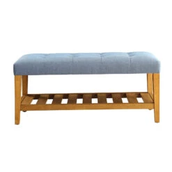 Fabric Bench In Blue And Oak Finish