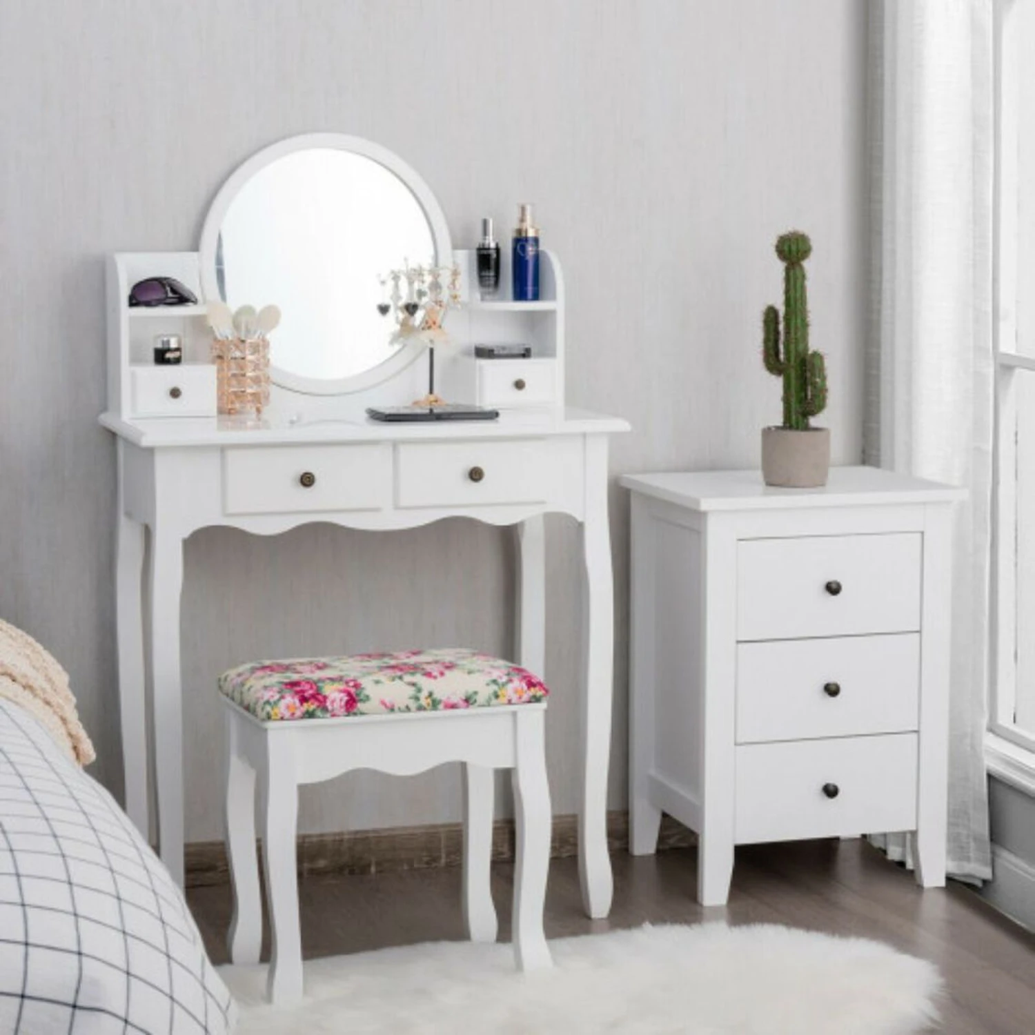 Makeup Vanity Table Set With 360° Pivoted Round Mirror 4 Makeup Vanity Table Set With 360° Pivoted Round Mirror - Image 2