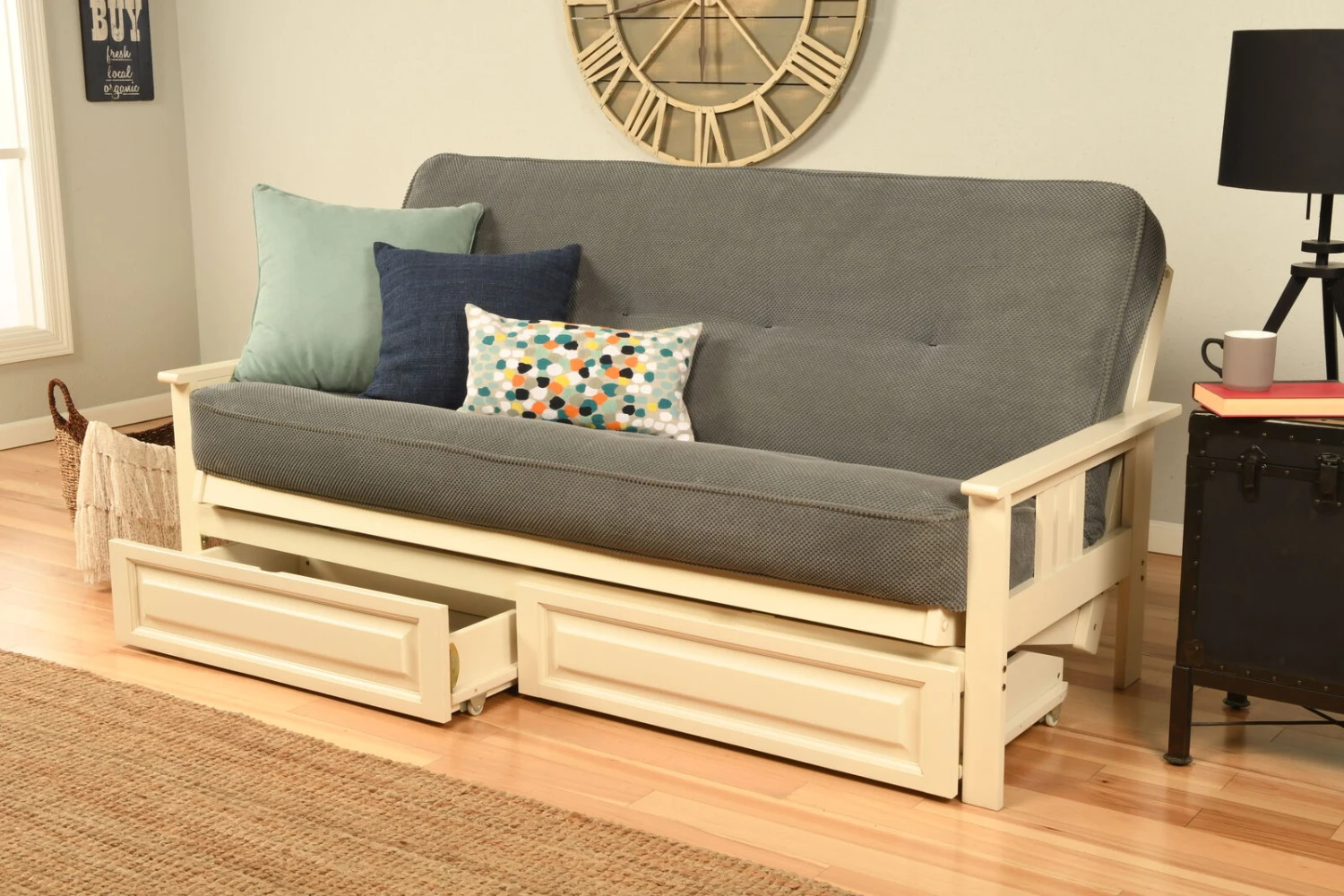 Monterey Futon With Storage Drawers In Antique White Finish With Marmont Thunder Mattress 4 Monterey Futon With Storage Drawers In Antique White Finish With Marmont Thunder Mattress - Image 2