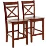 Wooden Counter Height Chair With Cross Back, Set Of 2, Cherry Brown-Benzara