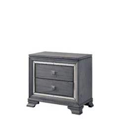 Mirror Trim Accented Two Drawer Solid Wood Nightstand With Bracket Feet, Light Gray-Benzara