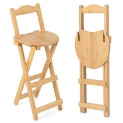 24 Inch Set Of 2 Bamboo Folding Barstools With Footrests And Handles-Natural