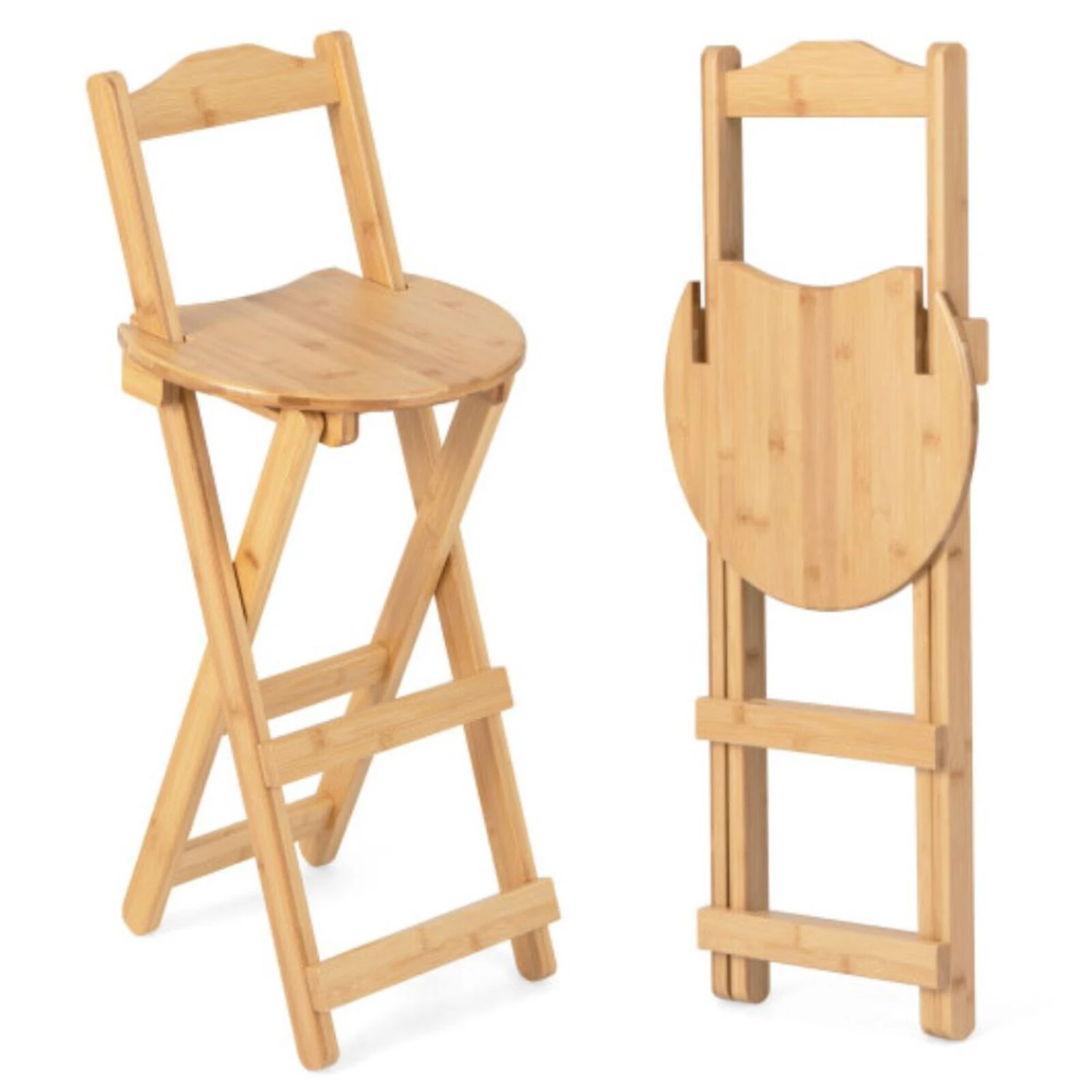 24 Inch Set Of 2 Bamboo Folding Barstools With Footrests And Handles-Natural 3 24 Inch Set Of 2 Bamboo Folding Barstools With Footrests And Handles-Natural