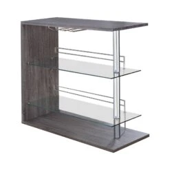 Radiant Rectangular Bar Table With 2 Shelves And Wine Holder, Gray-Benzara