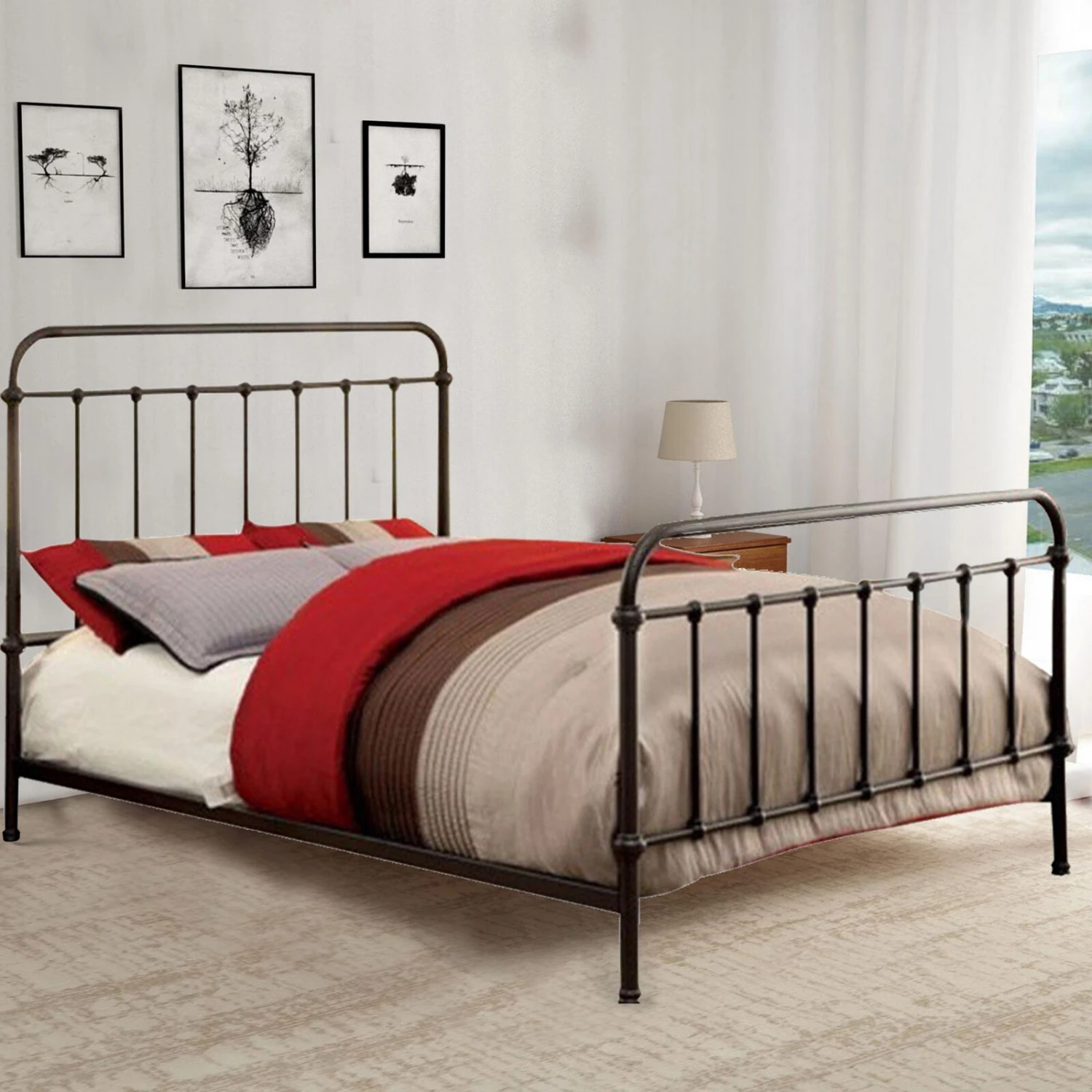 Metal Queen Size Platform Bed With Headboard & Footboard, Deep Bronze-Benzara 8 Metal Queen Size Platform Bed With Headboard & Footboard, Deep Bronze-Benzara - Image 6