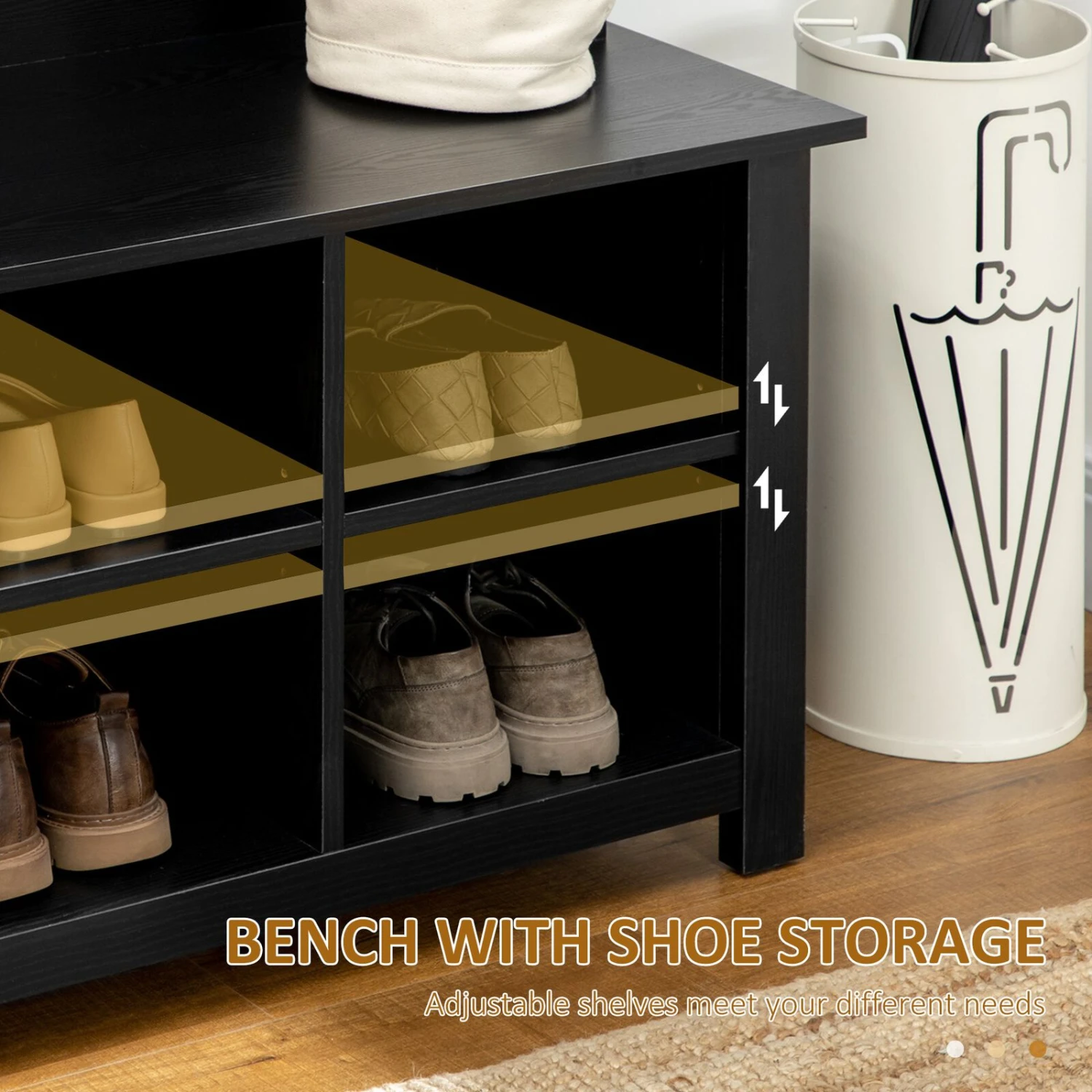 Classic Hall Tree, Accent Coat Tree With Shoe Storage Bench, Adjustable Shelves, 31.5" X 15.5" X 67.5", Black 8 Classic Hall Tree, Accent Coat Tree With Shoe Storage Bench, Adjustable Shelves, 31.5" X 15.5" X 67.5", Black - Image 6