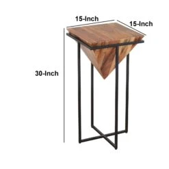 30 Inch Pyramid Shape Wooden Side Table With Cross Metal Base, Brown And Black-Benzara -Home Furniture Shop ae03cb0ec7b241e79012508d13d335d2