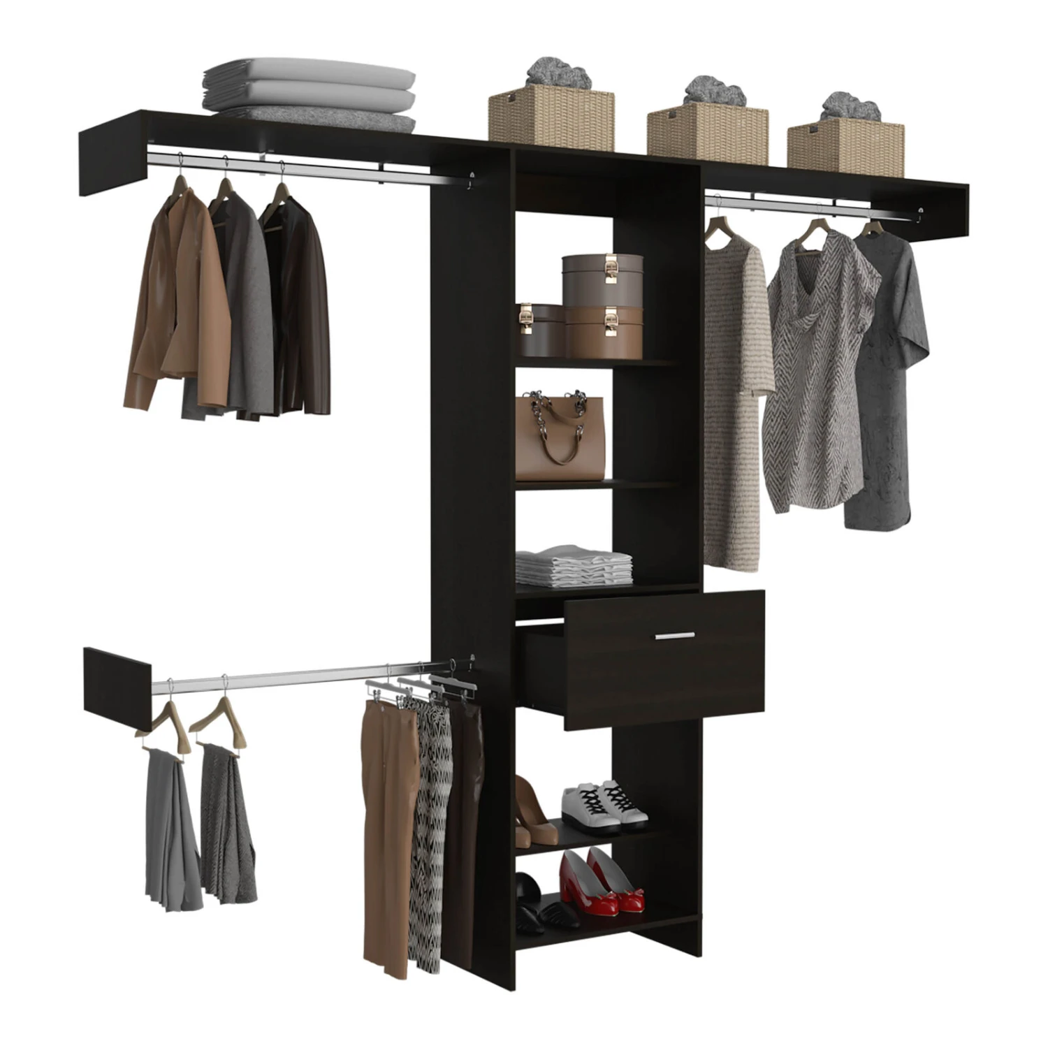 DEPOT E-SHOP Brisk Closet System, One Drawer, Three Metal Rods, Five Open Shelves, Black 10 DEPOT E-SHOP Brisk Closet System, One Drawer, Three Metal Rods, Five Open Shelves, Black - Image 8