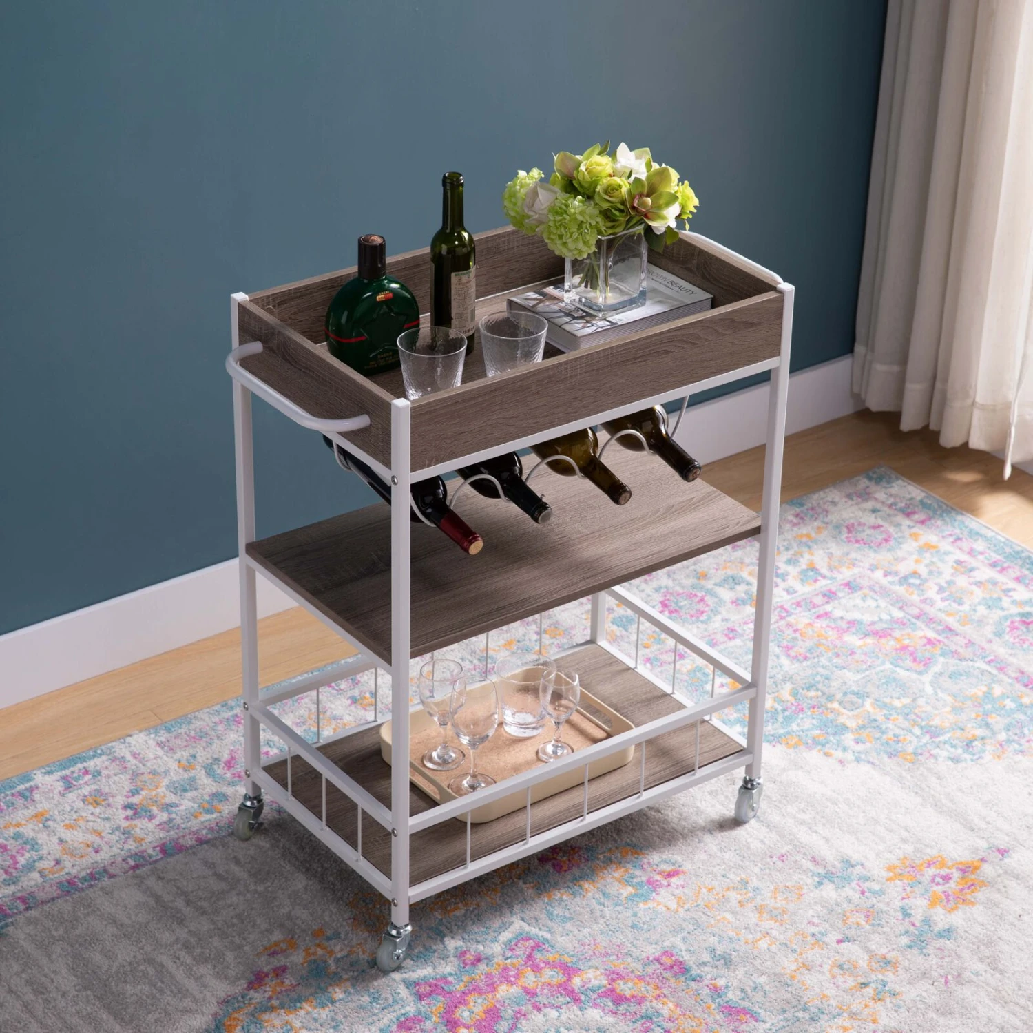 Dark Taupe & White Metal Frame Kitchen Cart With Enclosed Shelves 4 Dark Taupe & White Metal Frame Kitchen Cart With Enclosed Shelves - Image 2