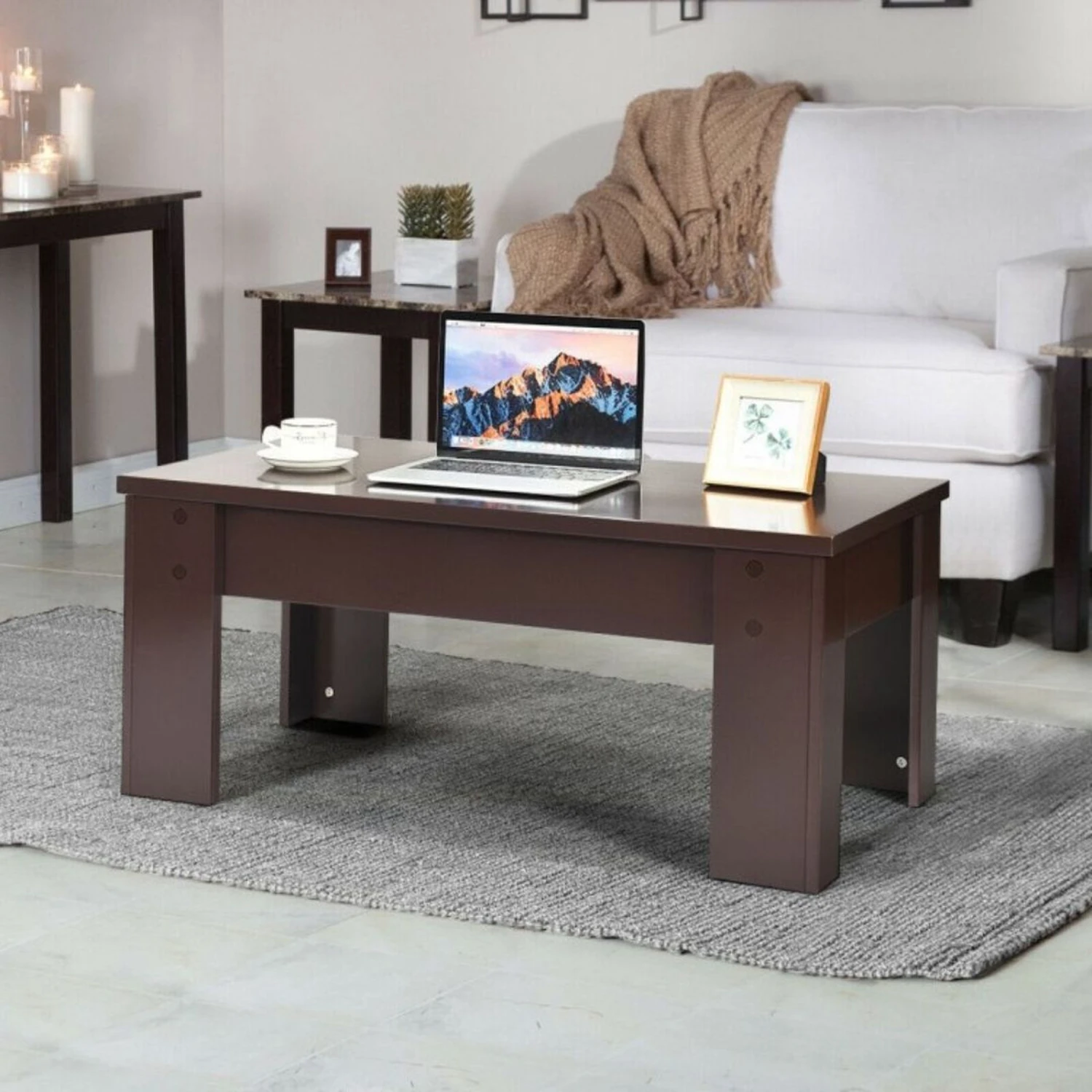 QuikFurn Farmhouse Lift-Top Coffee Table Laptop Desk In Espresso Brown Wood Finish 7 QuikFurn Farmhouse Lift-Top Coffee Table Laptop Desk In Espresso Brown Wood Finish - Image 5