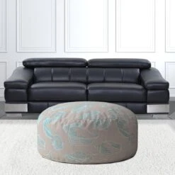 Homezia 24" Light Blue And Grey Canvas Round Seashell Pouf Ottoman -Home Furniture Shop b503c740bd894c9c8ec08dd30b70946c