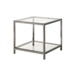 Glass Top End Table With Metal Frame And Open Shelf, Silver-Benzara