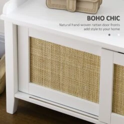 Entry Way Bench Shoe Storage Bench With Shoe Cabinets 2 Rattan Sliding Doors And Pine Wood Legs For Hallway White -Home Furniture Shop b575ba4f7e4a4baa9645a1a741ecba1d