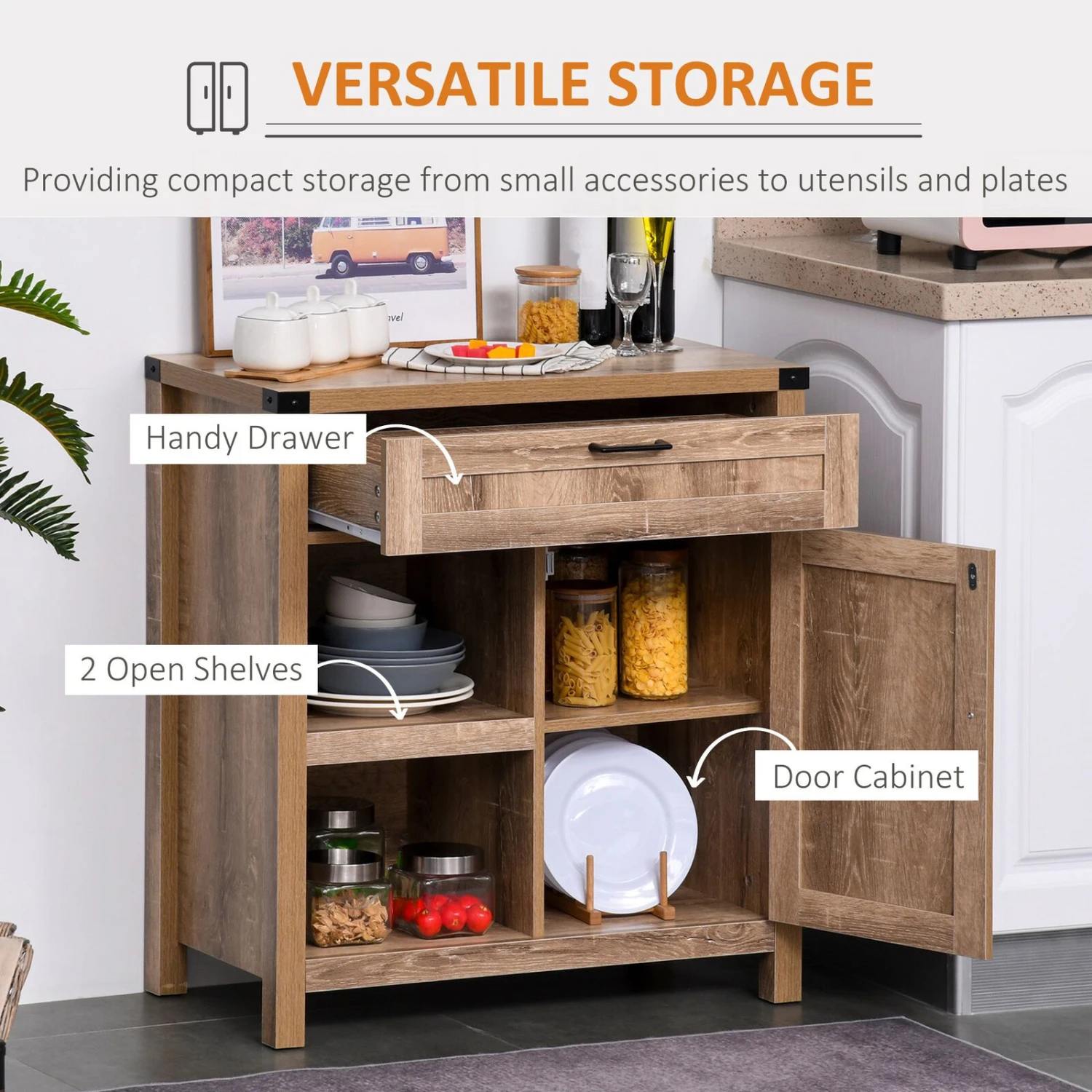 Storage Sideboard Rustic Barn Door Storage Cabinet Modern Farmhouse Buffet Sideboard For Kitchen & Dining Room, Light Oak 7 Storage Sideboard Rustic Barn Door Storage Cabinet Modern Farmhouse Buffet Sideboard For Kitchen & Dining Room, Light Oak - Image 5