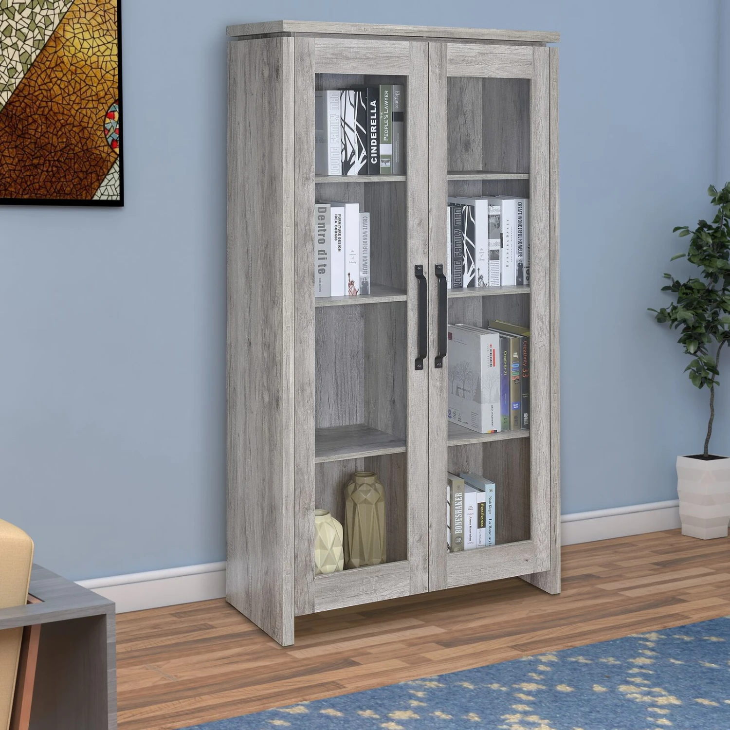 Spacious Wooden Curio Cabinet With Two Glass Doors, Gray - Benzara 4 Spacious Wooden Curio Cabinet With Two Glass Doors, Gray - Benzara - Image 2