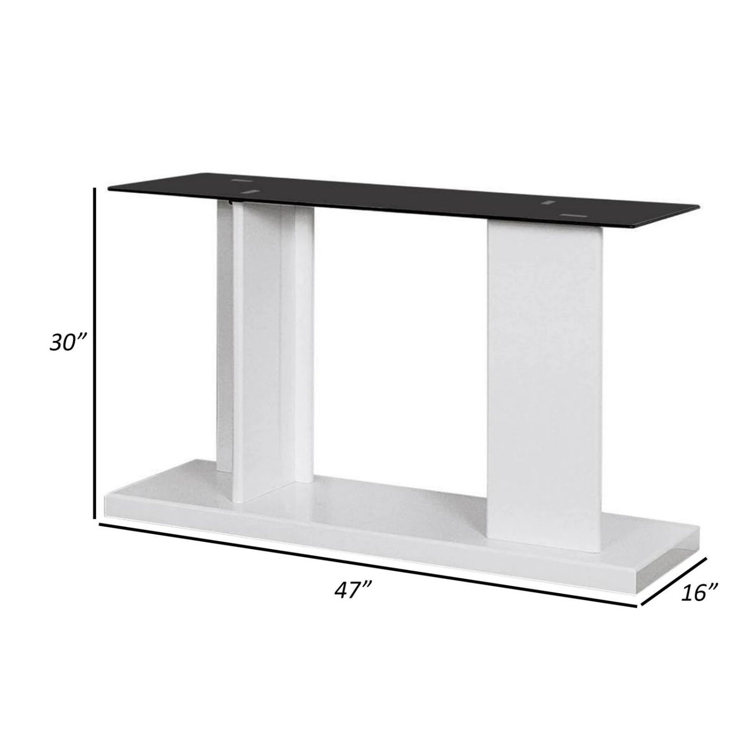 Liam 47 Inch Sofa Console Table, White Wood, Pedestal Base, Black Glass Top-Benzara 7 Liam 47 Inch Sofa Console Table, White Wood, Pedestal Base, Black Glass Top-Benzara - Image 5