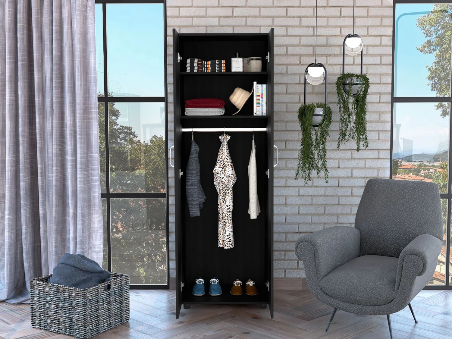 DEPOT E-SHOP London Armoire, Two Shelves, Rod, Double Door Cabinet Armoire, Black 7 DEPOT E-SHOP London Armoire, Two Shelves, Rod, Double Door Cabinet Armoire, Black - Image 5