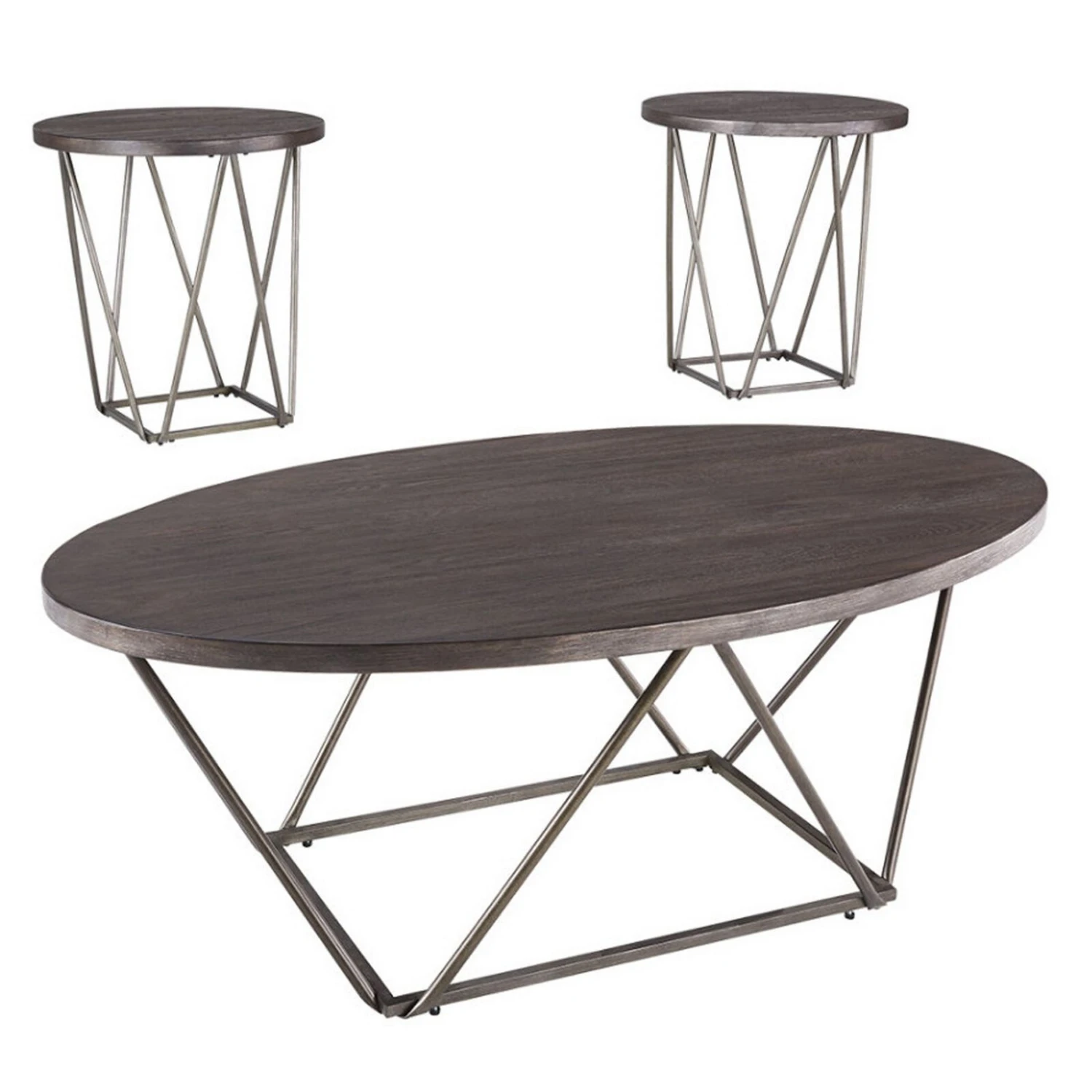 Elm Wood Table Set With Bridge Truss Metal Base, Set Of Three, Brown And Gray-Benzara 3 Elm Wood Table Set With Bridge Truss Metal Base, Set Of Three, Brown And Gray-Benzara