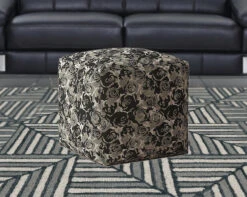 Homezia 17" Beige Canvas Floral Pouf Ottoman -Home Furniture Shop bf781676d5654dad992743e62093321d