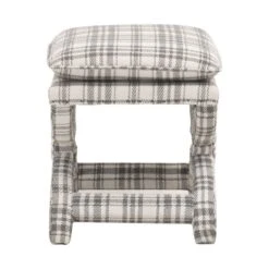 Elly 23 Inch Plaid Plush Fabric Ottoman, Curved X Frame, Gray, White-Benzara 9 Elly 23 Inch Plaid Plush Fabric Ottoman, Curved X Frame, Gray, White-Benzara -Home Furniture Shop bf84959b8eef4faa8ffa0e45de1d751d