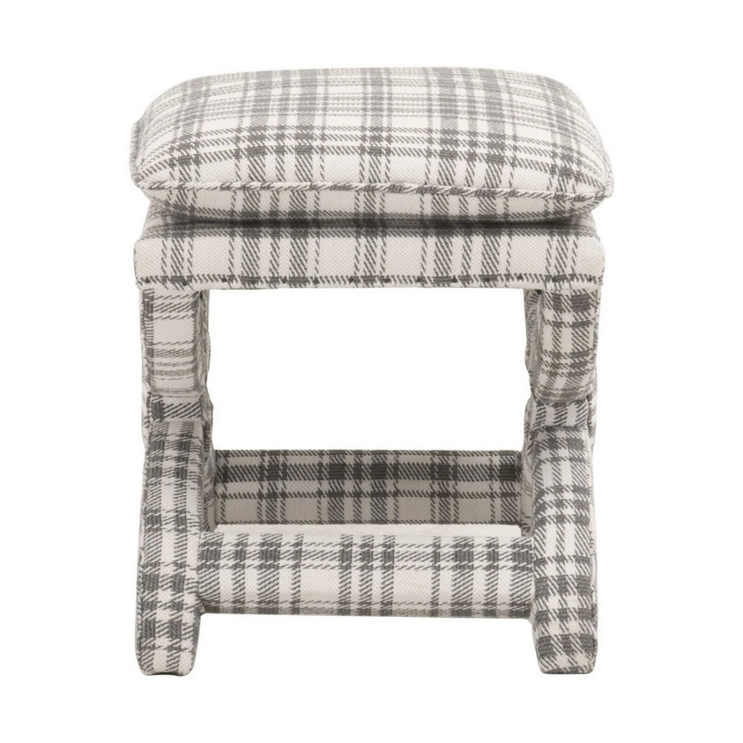 Elly 23 Inch Plaid Plush Fabric Ottoman, Curved X Frame, Gray, White-Benzara 5 Elly 23 Inch Plaid Plush Fabric Ottoman, Curved X Frame, Gray, White-Benzara - Image 3