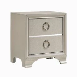 Two Drawers Wooden Nightstand With Oversized Ring Handles, Silver- Benzara