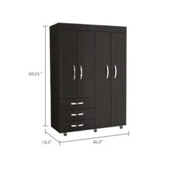 DEPOT E-SHOP Hamilton Mobile Armoire, Double Door Cabinet, Three Drawers, Rods, Two Shelves, Black -Home Furniture Shop c0ca498764934f9695c15e814024afb2