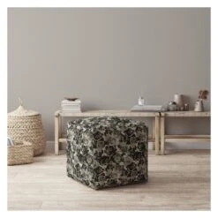 Homezia 17" Beige Canvas Floral Pouf Ottoman -Home Furniture Shop c363edb9dd2644368decf704d5d38f55