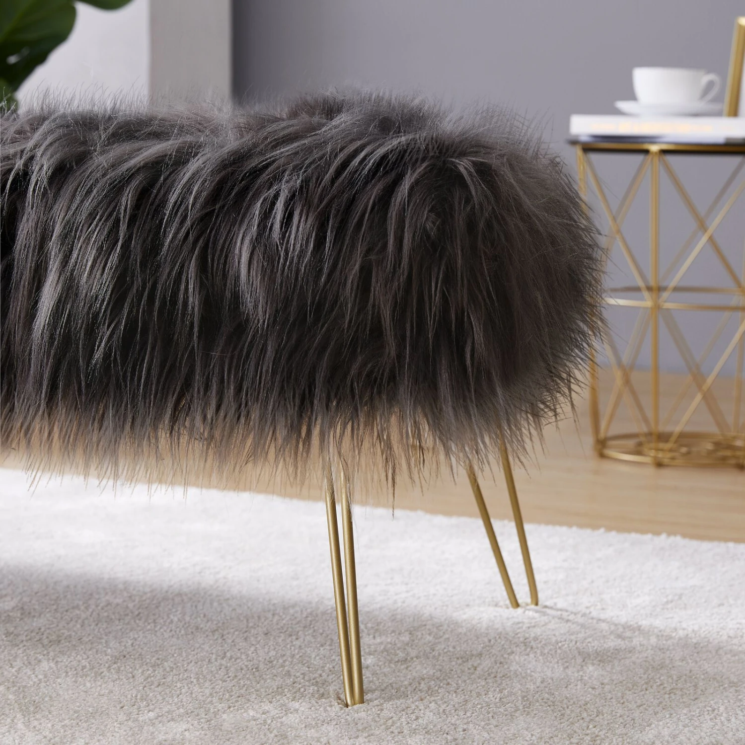 Faux Fur Bench Ottoman - Black 3 Faux Fur Bench Ottoman - Black