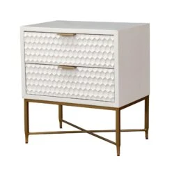 Rexi 26 Inch 2 Drawer Nightstand, Honeycomb, Mahogany Wood, White, Gold-Benzara
