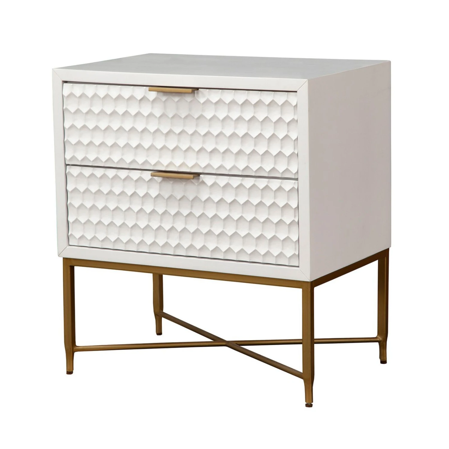Rexi 26 Inch 2 Drawer Nightstand, Honeycomb, Mahogany Wood, White, Gold-Benzara 3 Rexi 26 Inch 2 Drawer Nightstand, Honeycomb, Mahogany Wood, White, Gold-Benzara