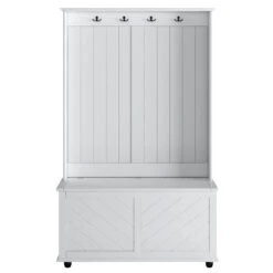 Hall Tree With 4 Hooks, Coat Hanger, Entryway Bench, Storage Bench, 3-in-1 Design, 40INCH, For Entrance, Hallway (White)