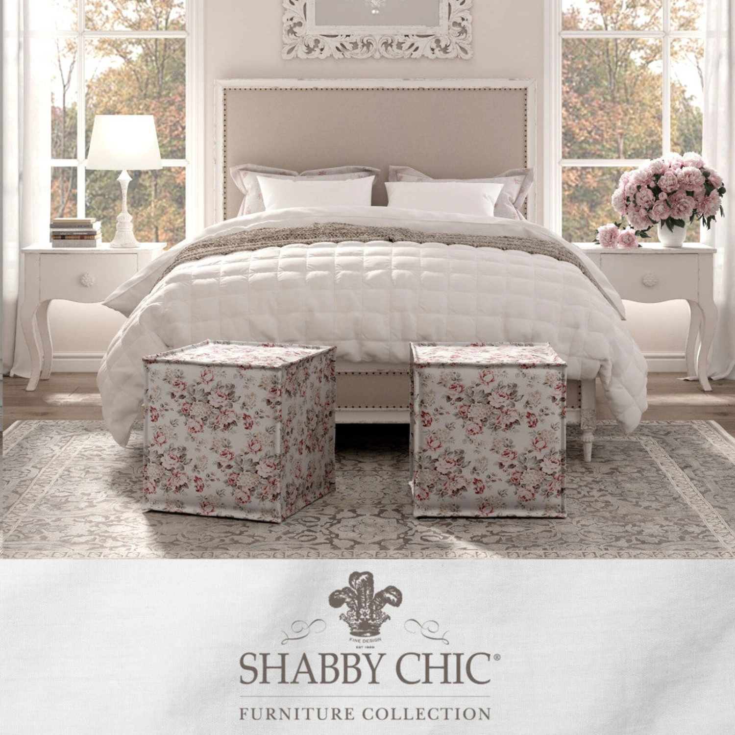 Homezia 18" Cottage Ivory And Pink 100% Linen Floral Ottoman 4 Homezia 18" Cottage Ivory And Pink 100% Linen Floral Ottoman - Image 2