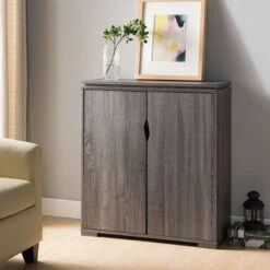 2 Door Distressed Grey Shoe Cabinet With 4 Shelves Storage With Spacious Top