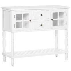 Vintage Console Table With 2 Drawers And Cabinets, Retro Sofa Table For Entryway, Living Room And Hallway, White