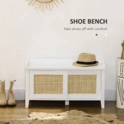 Entry Way Bench Shoe Storage Bench With Shoe Cabinets 2 Rattan Sliding Doors And Pine Wood Legs For Hallway White -Home Furniture Shop c676b39aa565471b99f155a86c9b6cd9
