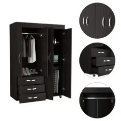 DEPOT E-SHOP Hamilton Mobile Armoire, Double Door Cabinet, Three Drawers, Rods, Two Shelves, Black -Home Furniture Shop c6a8847ea4a0489aa705b71e7637fe63