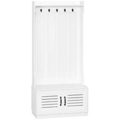 Modern Hall Tree, Entryway Coat Rack With Shoe Bench, 5 Hooks, Storage Shelf And Slatted Door Cabinet For Hallway, White